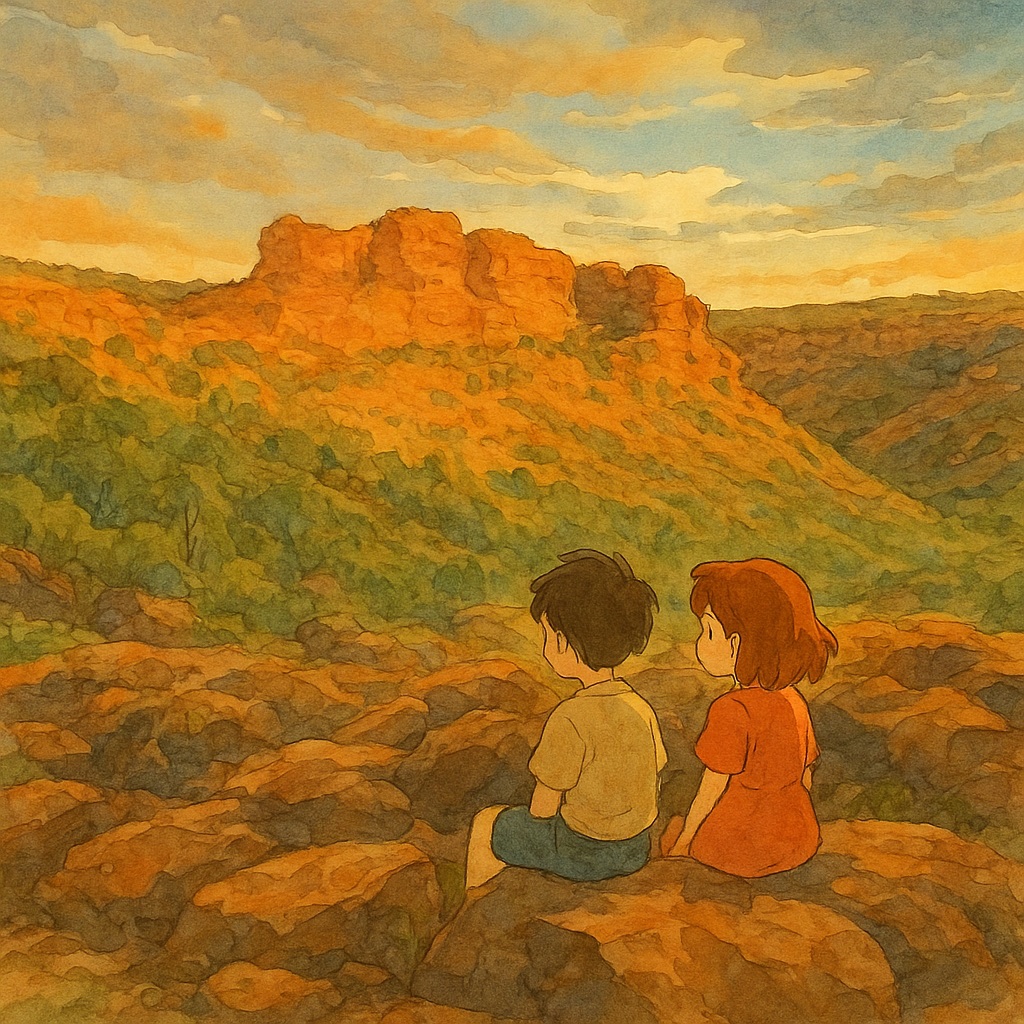 Canyon river reimagined as hand-painted Studio Ghibli anime art