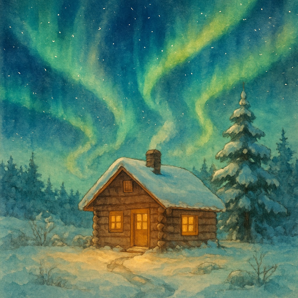 Anime Celestial Night Sky AI Generator – Starfield and Aurora Art example — Aurora borealis cabin scene