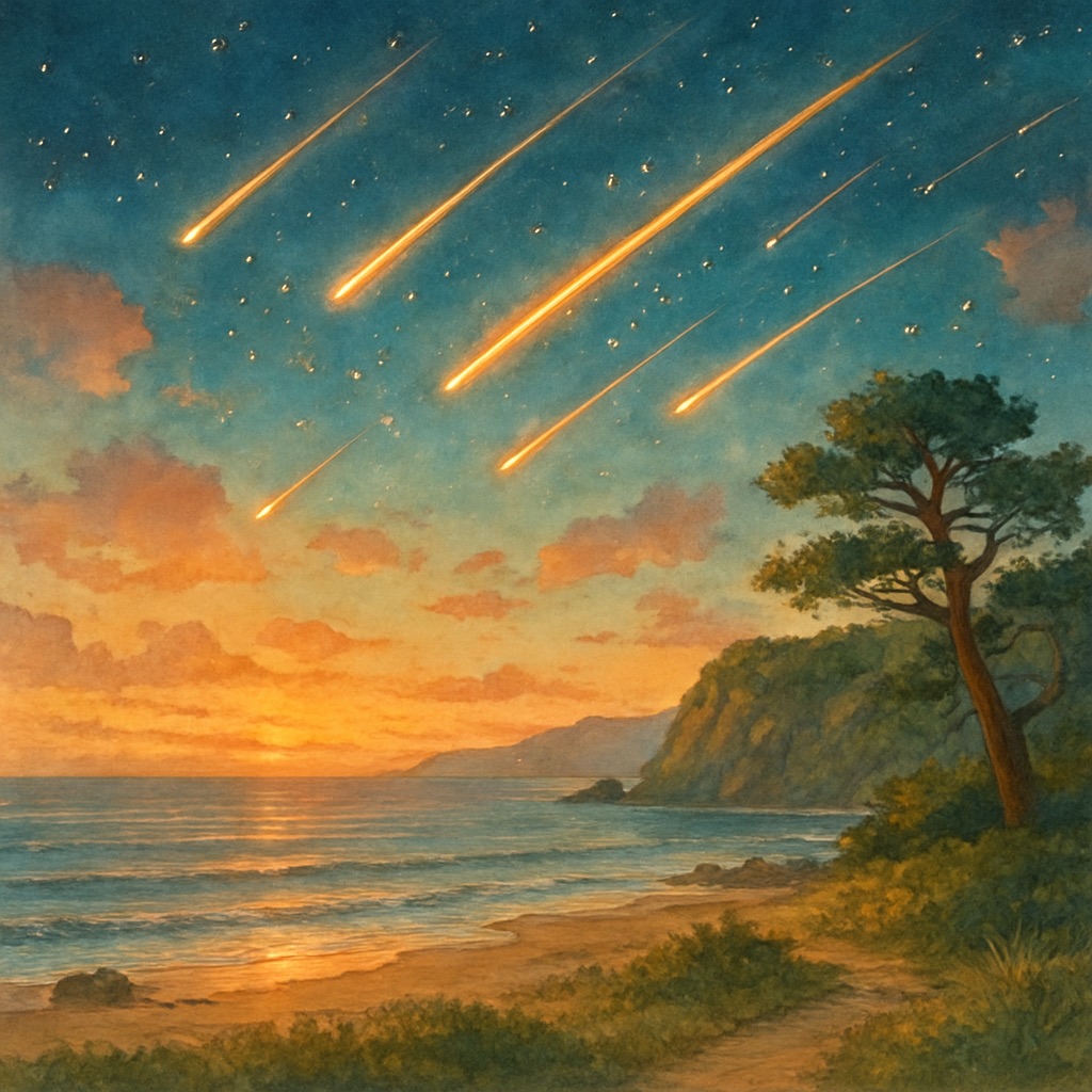 Anime Celestial Night Sky AI Generator – Starfield and Aurora Art example — Meteor shower on the coast