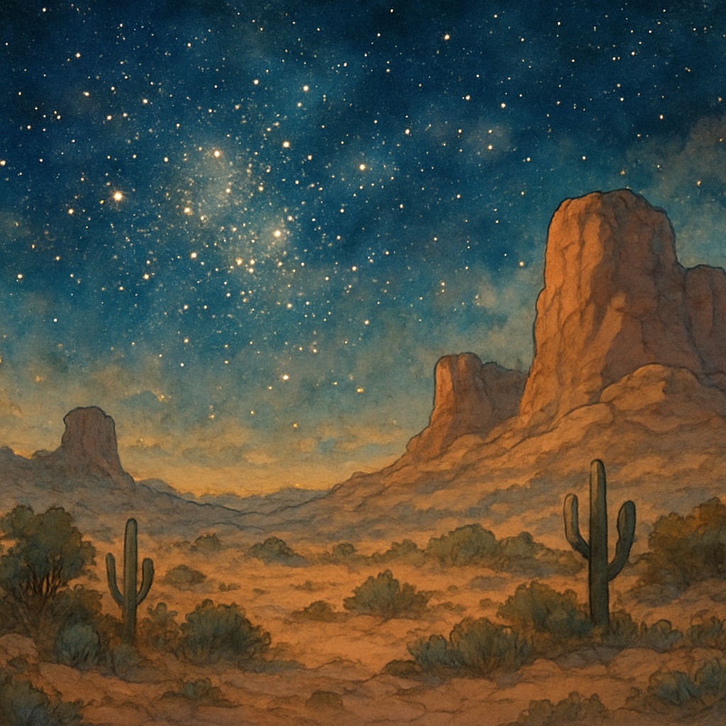 Anime Celestial Night Sky AI Generator – Starfield and Aurora Art example — Star cluster desert night