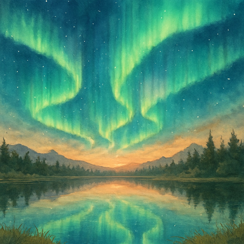 Anime Celestial Night Sky AI Generator – Starfield and Aurora Art example — Double aurora reflection