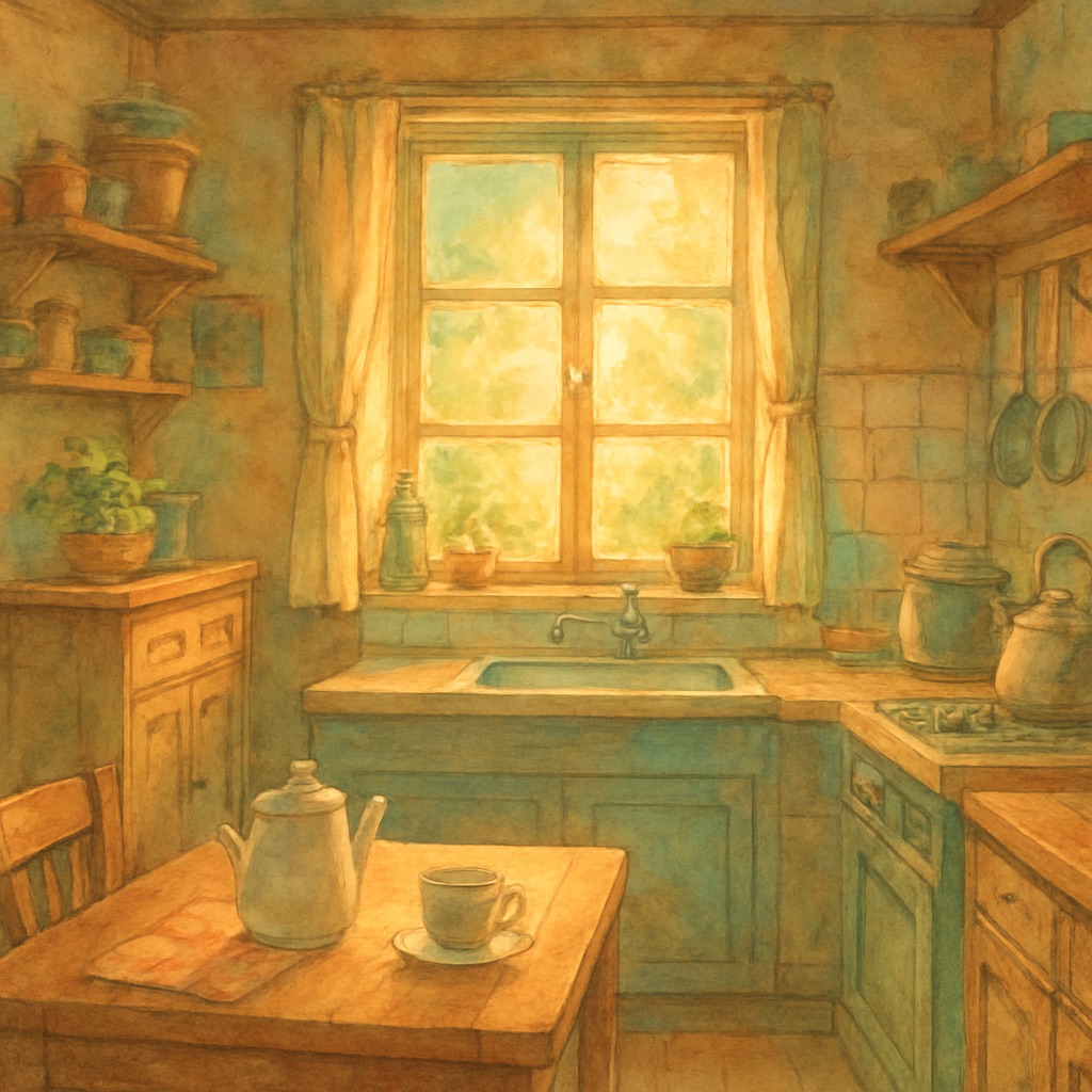 Cozy Anime Interior AI Generator – Warm Hand-Painted Room Scenes example — Morning kitchen sunlight