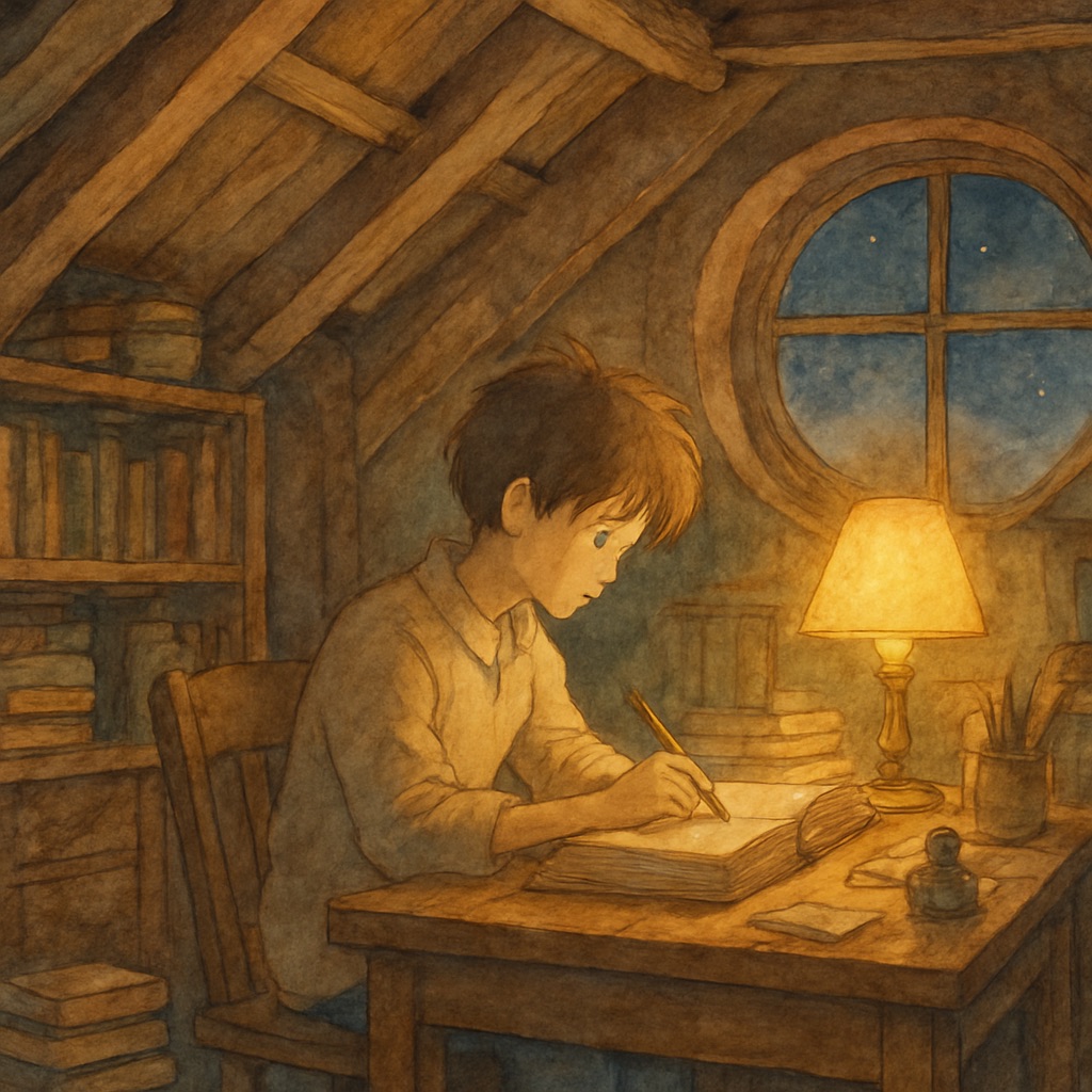 Cozy Anime Interior AI Generator – Warm Hand-Painted Room Scenes example — Attic study by lamplight