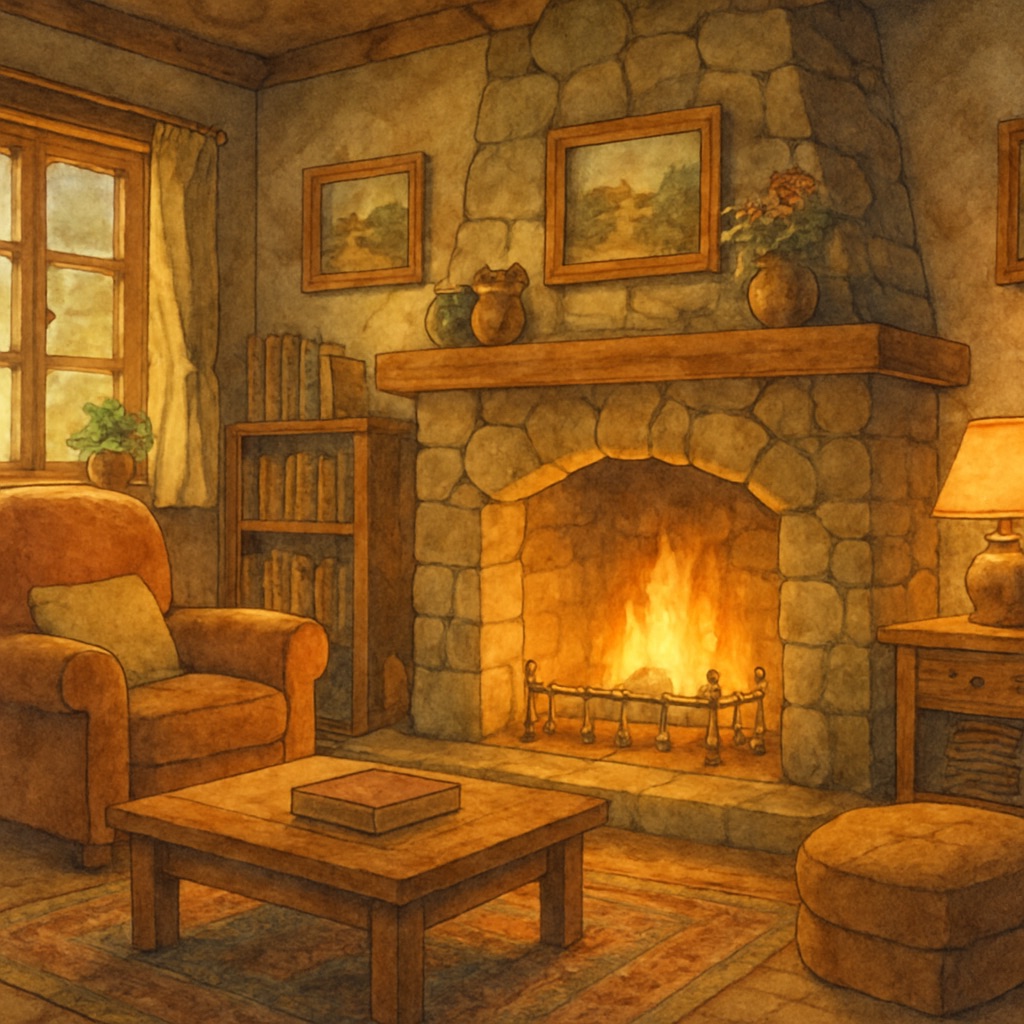 Cozy Anime Interior AI Generator – Warm Hand-Painted Room Scenes example — Fireplace living room