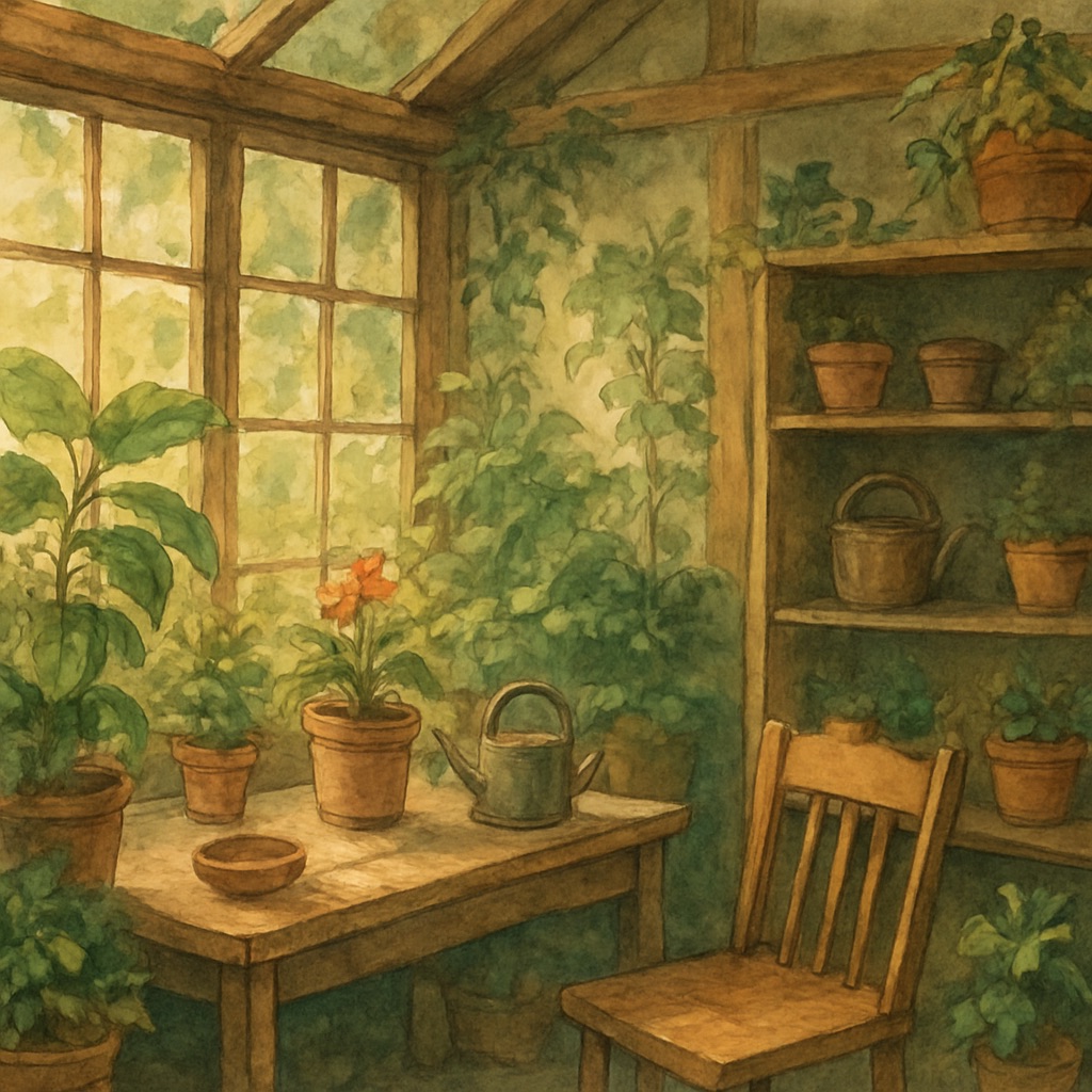 Cozy Anime Interior AI Generator – Warm Hand-Painted Room Scenes example — Greenhouse studio corner