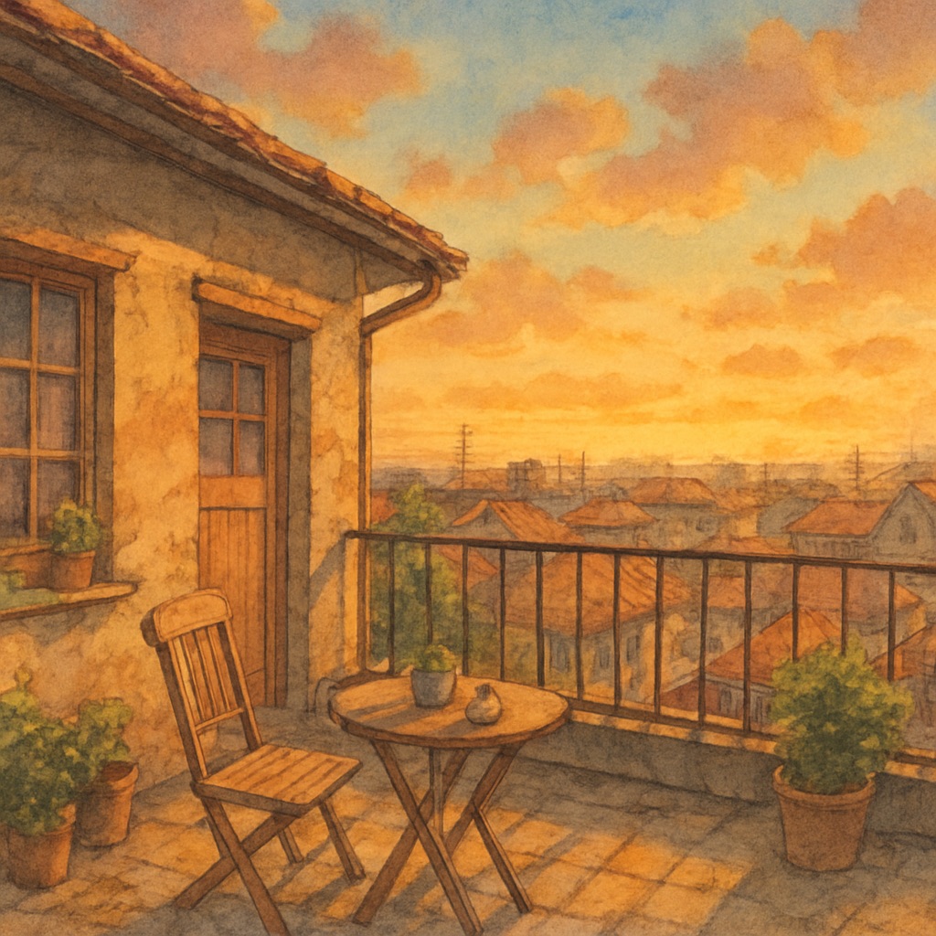 Cozy Anime Interior AI Generator – Warm Hand-Painted Room Scenes example — Rooftop balcony evening