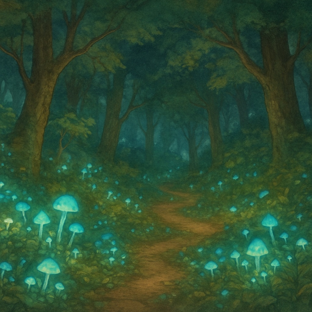 Enchanted Forest AI Art Generator – Magical Anime Woodland example — Bioluminescent night grove