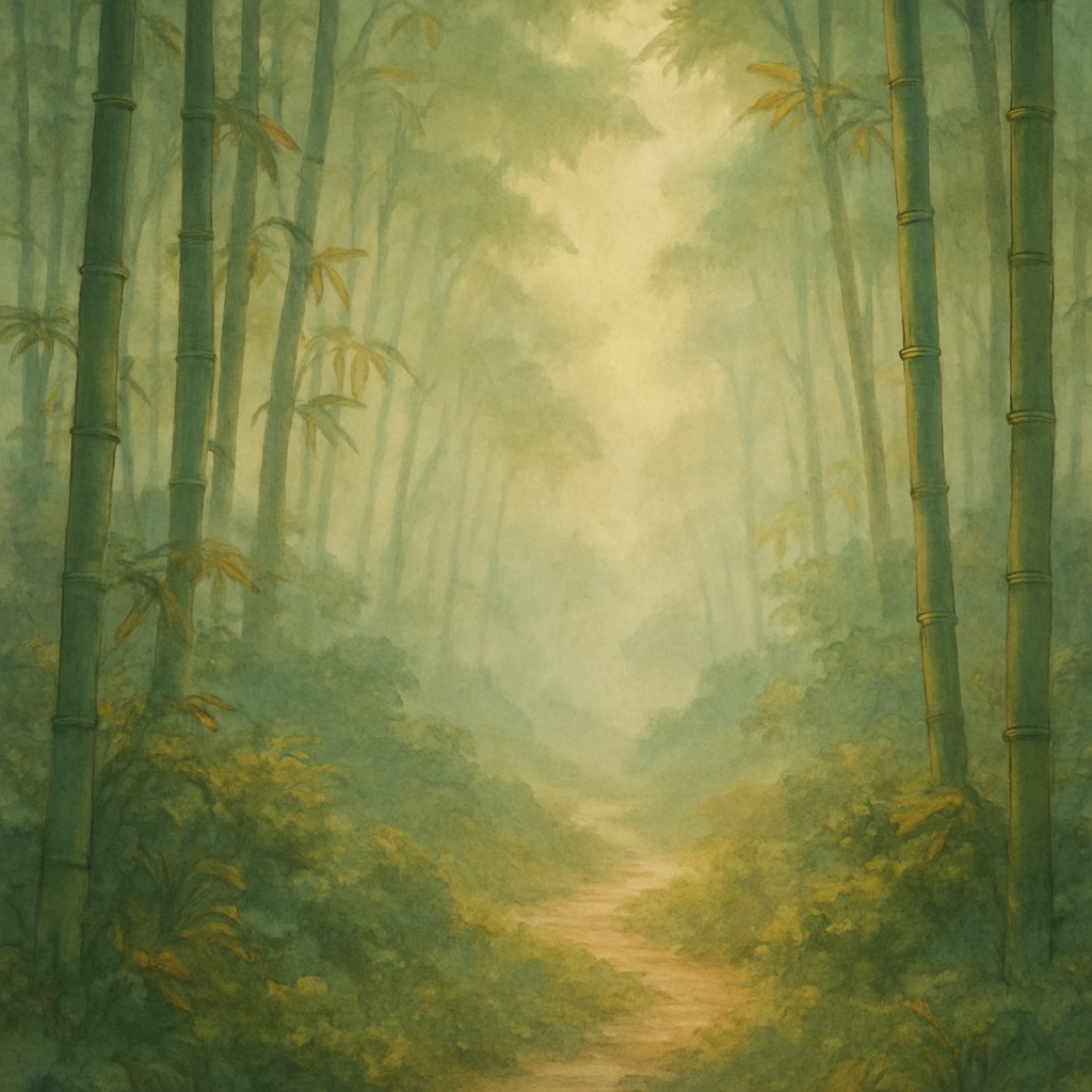 Enchanted Forest AI Art Generator – Magical Anime Woodland example — Misty bamboo valley