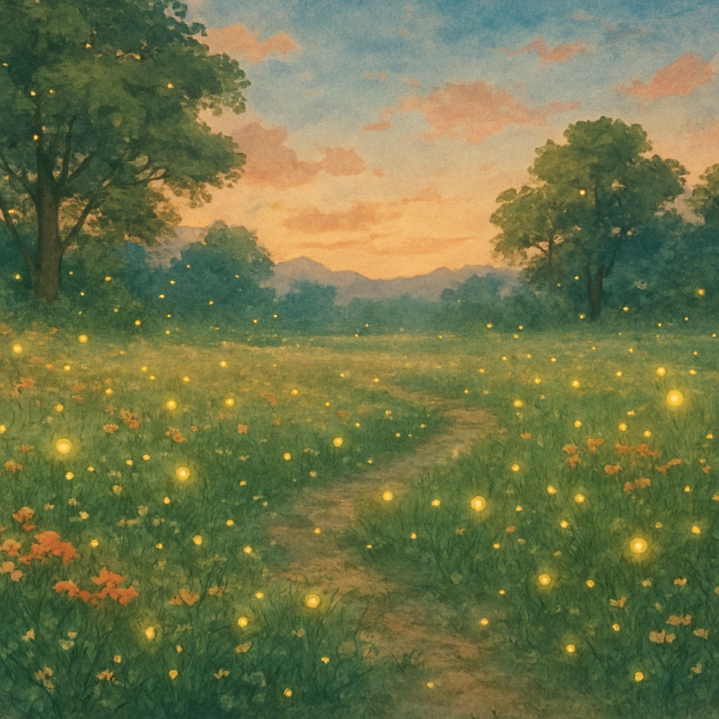 Enchanted Forest AI Art Generator – Magical Anime Woodland example — Firefly meadow at dusk