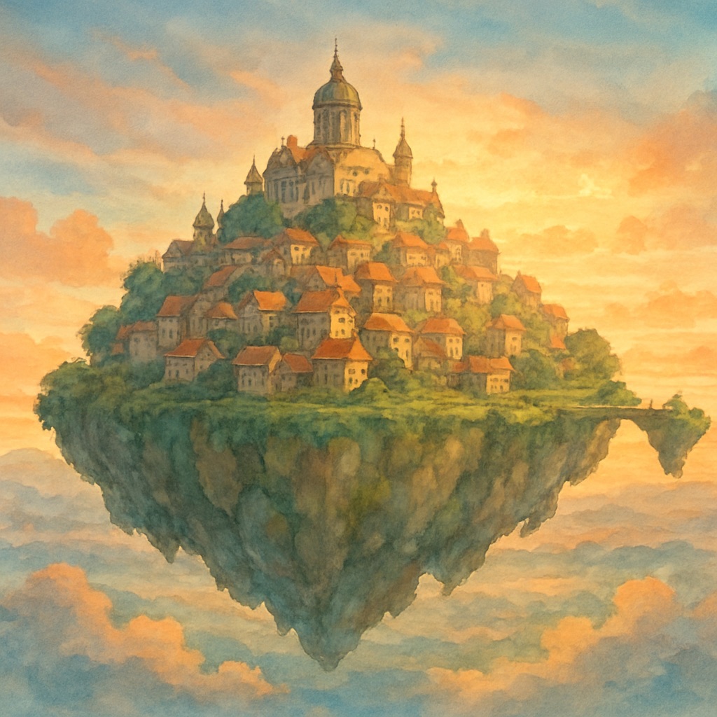 Magical Anime Cityscape AI Generator – Painted Urban Fantasy example — Floating island city at dawn