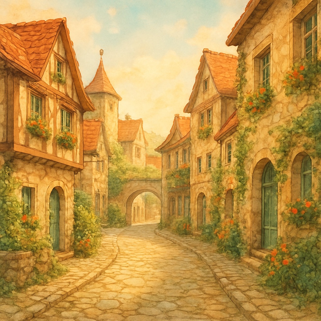 Magical Anime Cityscape AI Generator – Painted Urban Fantasy example — Cobblestone European town