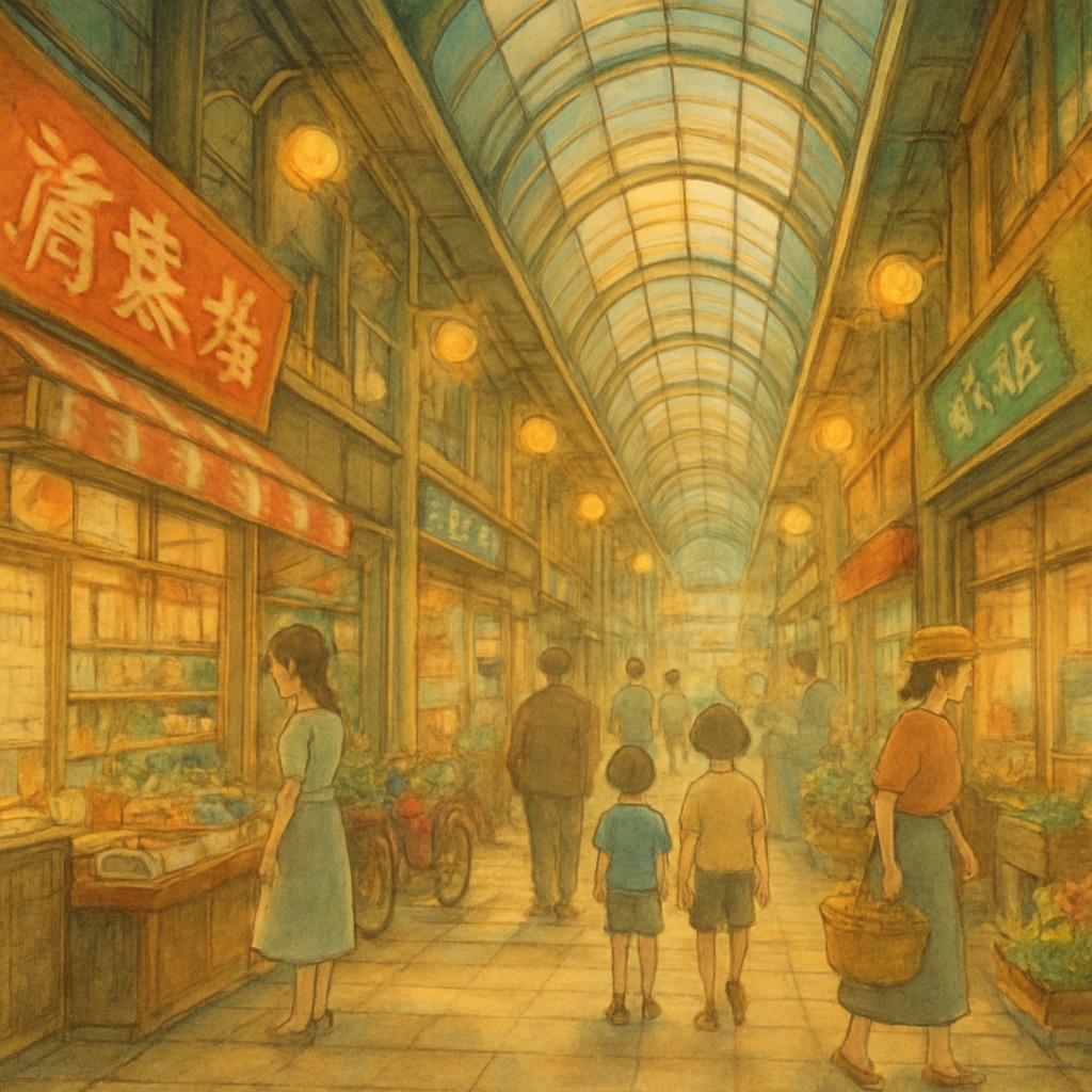 Magical Anime Cityscape AI Generator – Painted Urban Fantasy example — Showa shopping arcade