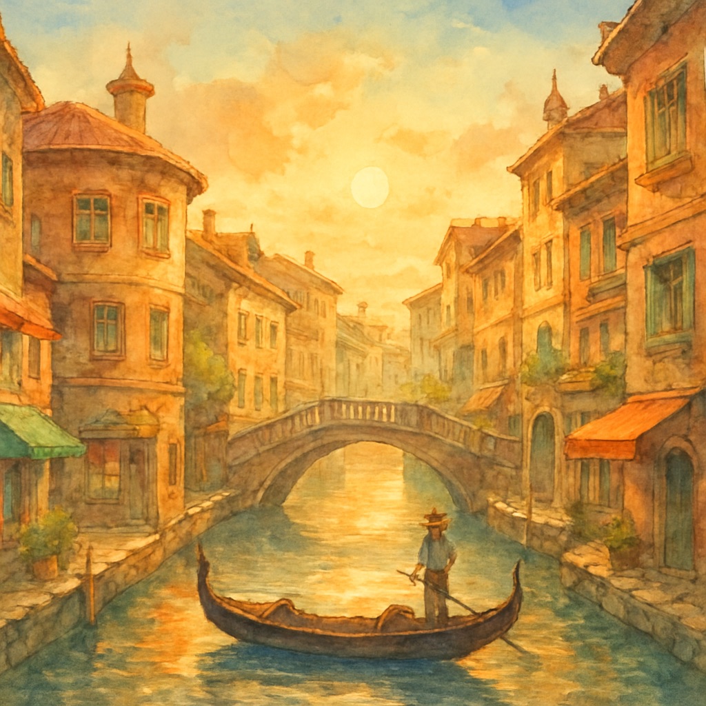 Magical Anime Cityscape AI Generator – Painted Urban Fantasy example — Canal city at golden hour