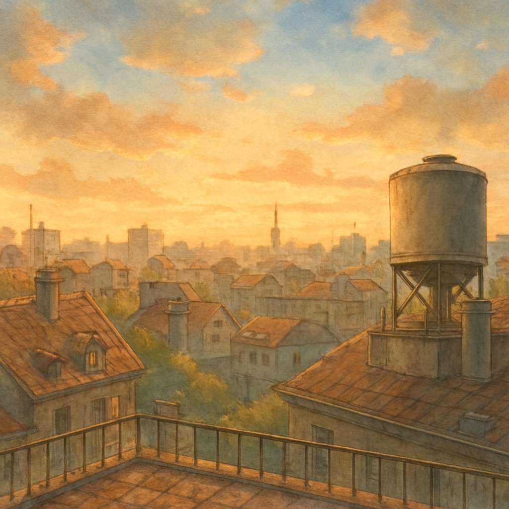 Magical Anime Cityscape AI Generator – Painted Urban Fantasy example — Rooftop cityscape at dusk