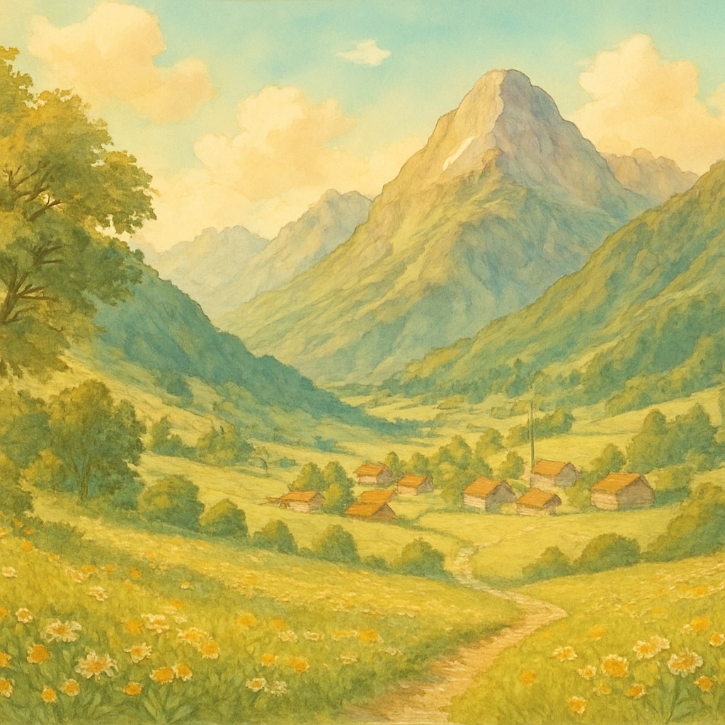 Ghibli-style watercolor artwork of a mountain village, generated with GhibliAI