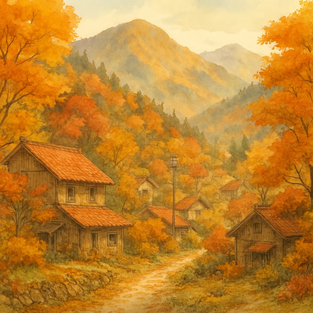 Anime Mountain Village AI Generator – Alpine Painted Landscapes example — Autumn mountain hamlet