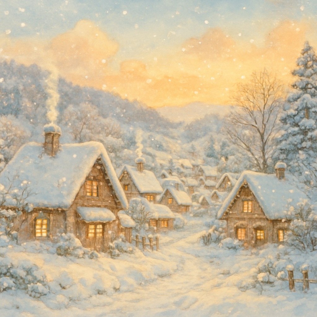 Anime Mountain Village AI Generator – Alpine Painted Landscapes example — Snow-covered winter village