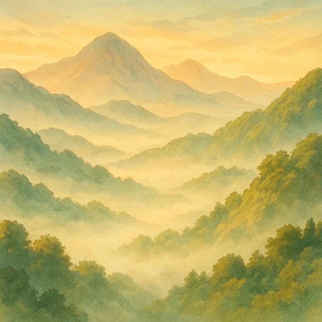 Anime Mountain Village AI Generator – Alpine Painted Landscapes example — Mountain mist morning