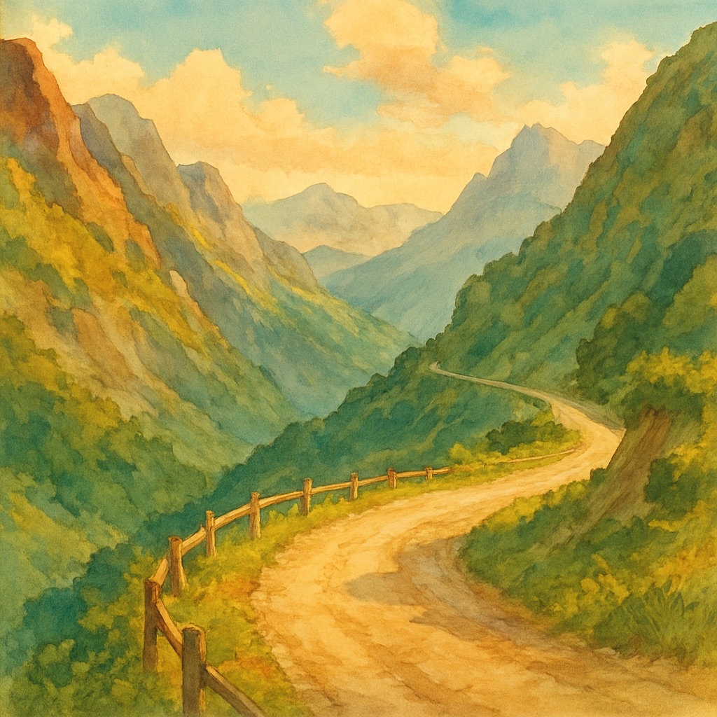 Anime Mountain Village AI Generator – Alpine Painted Landscapes example — High mountain pass view