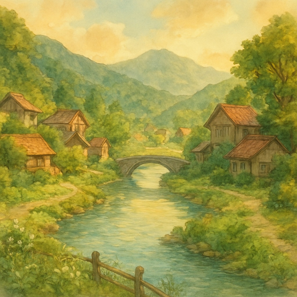 Anime Mountain Village AI Generator – Alpine Painted Landscapes example — Valley river settlement