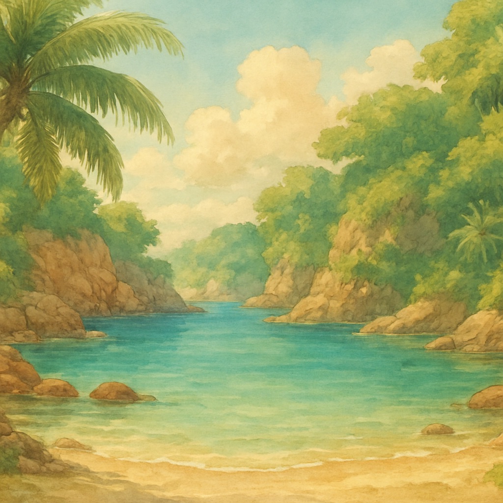 Anime Ocean & Seascape AI Generator – Painted Coastal Art example — Tropical shallow cove