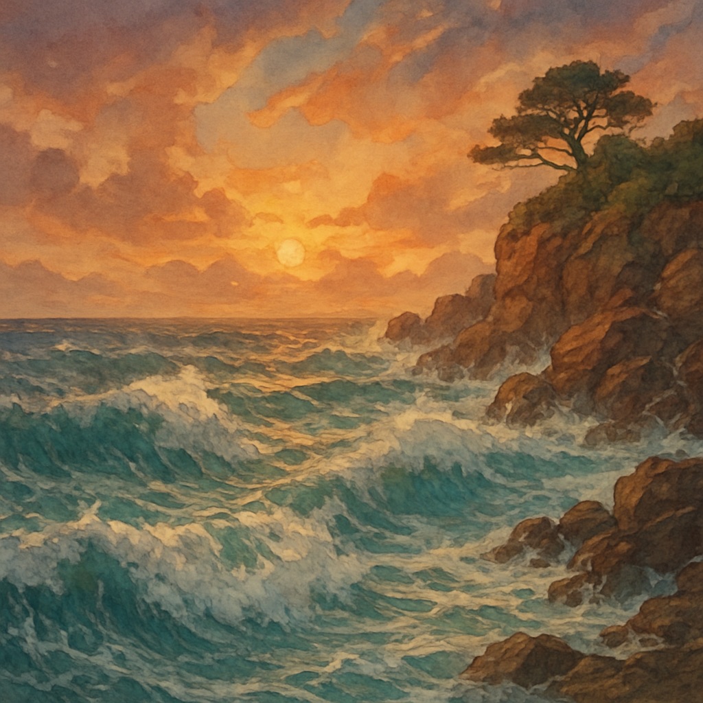 Anime Ocean & Seascape AI Generator – Painted Coastal Art example — Storm sea at dusk