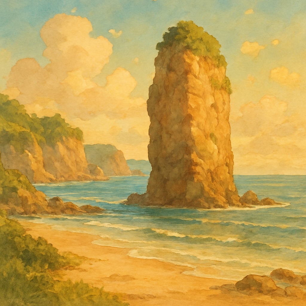 Anime Ocean & Seascape AI Generator – Painted Coastal Art example — Sea stack afternoon light
