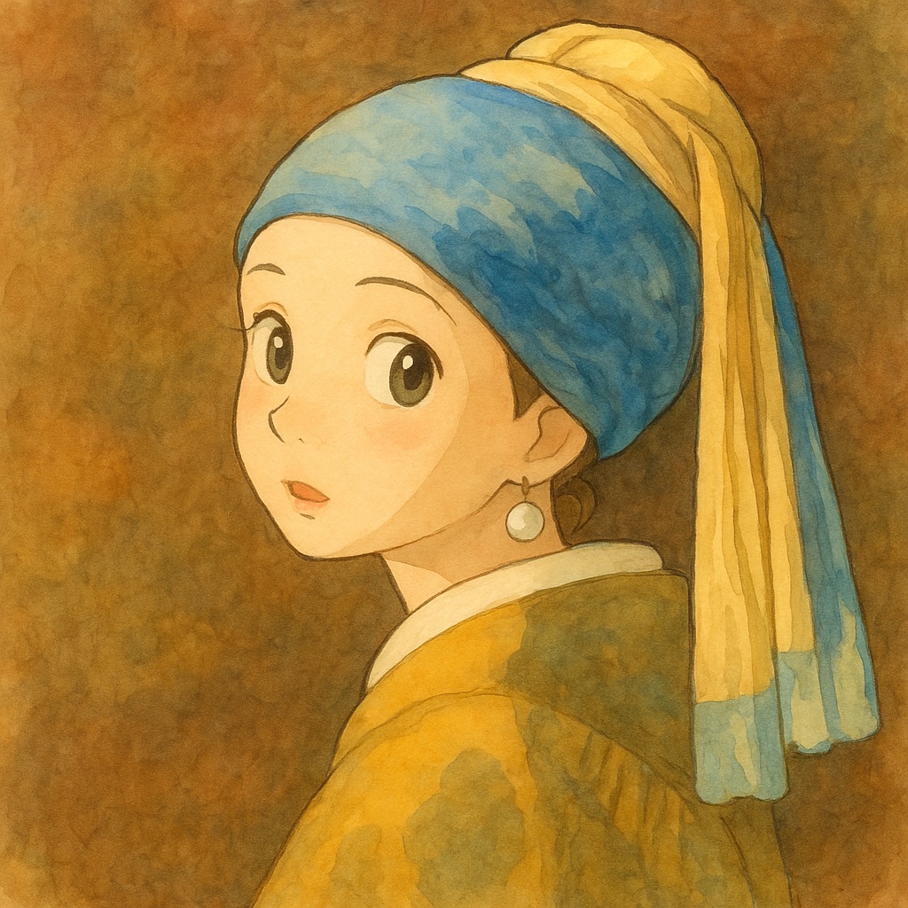 Girl with a Pearl Earring — Vermeer reimagined as hand-painted Studio Ghibli anime art