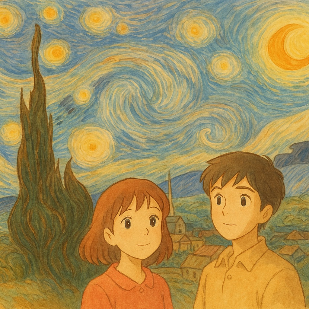 Starry Night — Van Gogh reimagined as hand-painted Studio Ghibli anime art