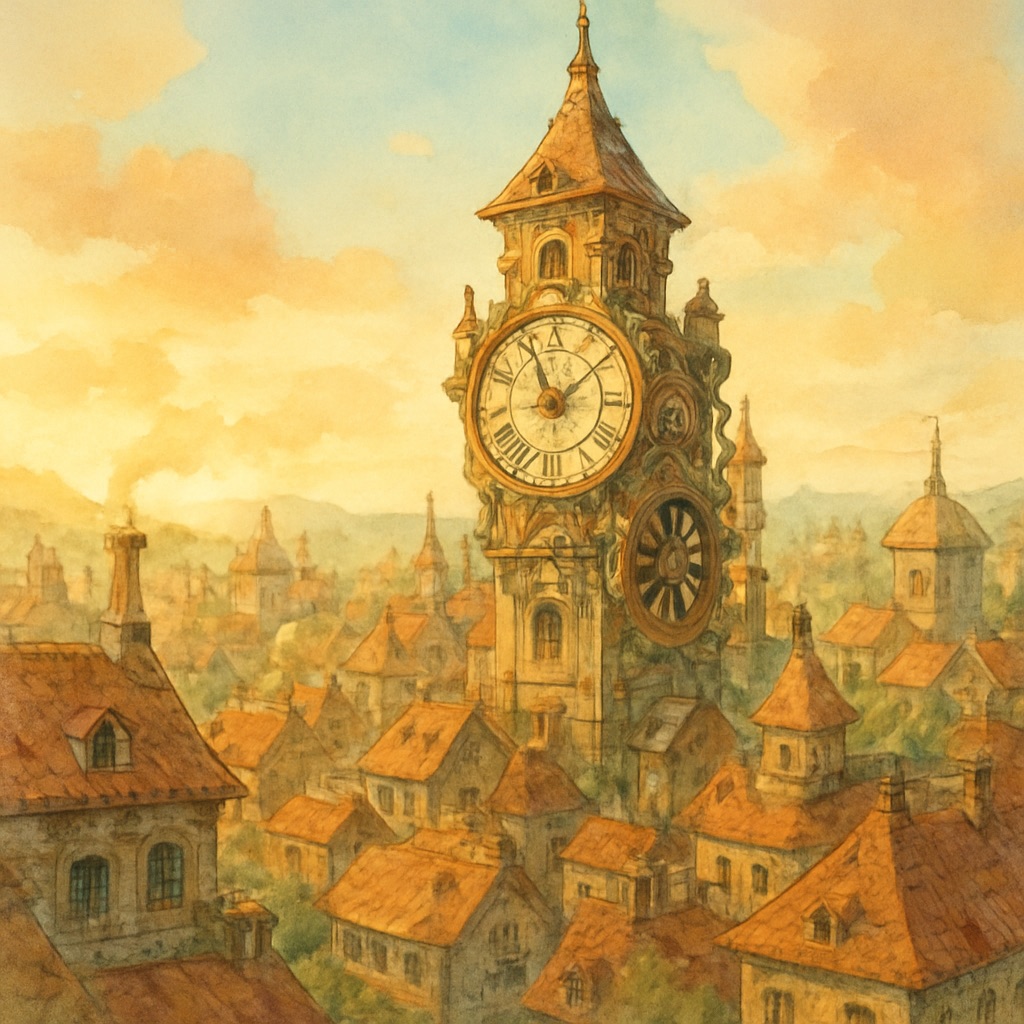 Steampunk Ghibli AI Art Generator – Industrial Fantasy Aesthetic example — Clockwork tower city