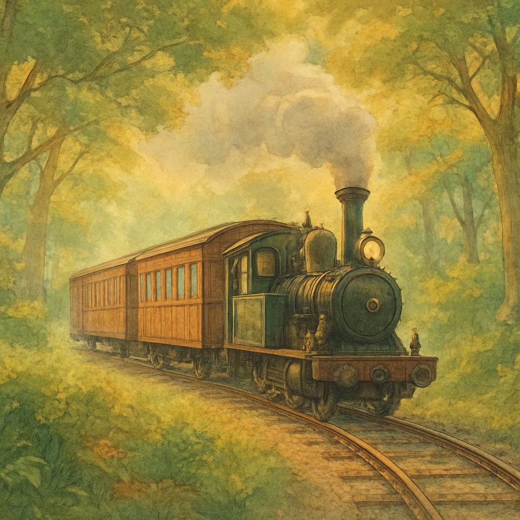 Steampunk Ghibli AI Art Generator – Industrial Fantasy Aesthetic example — Steam-powered forest train