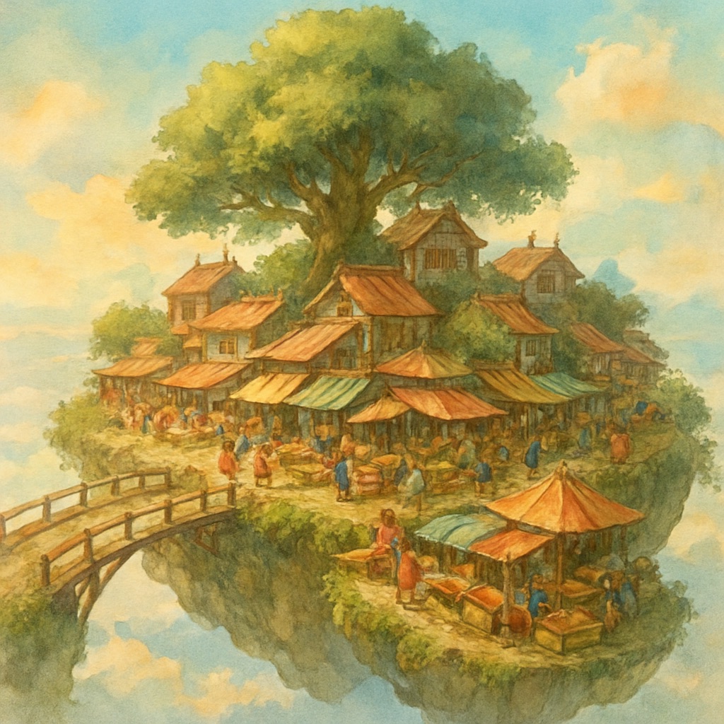 Steampunk Ghibli AI Art Generator – Industrial Fantasy Aesthetic example — Flying island market