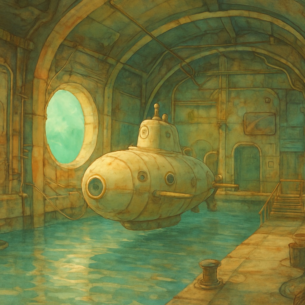 Steampunk Ghibli AI Art Generator – Industrial Fantasy Aesthetic example — Underwater submarine bay
