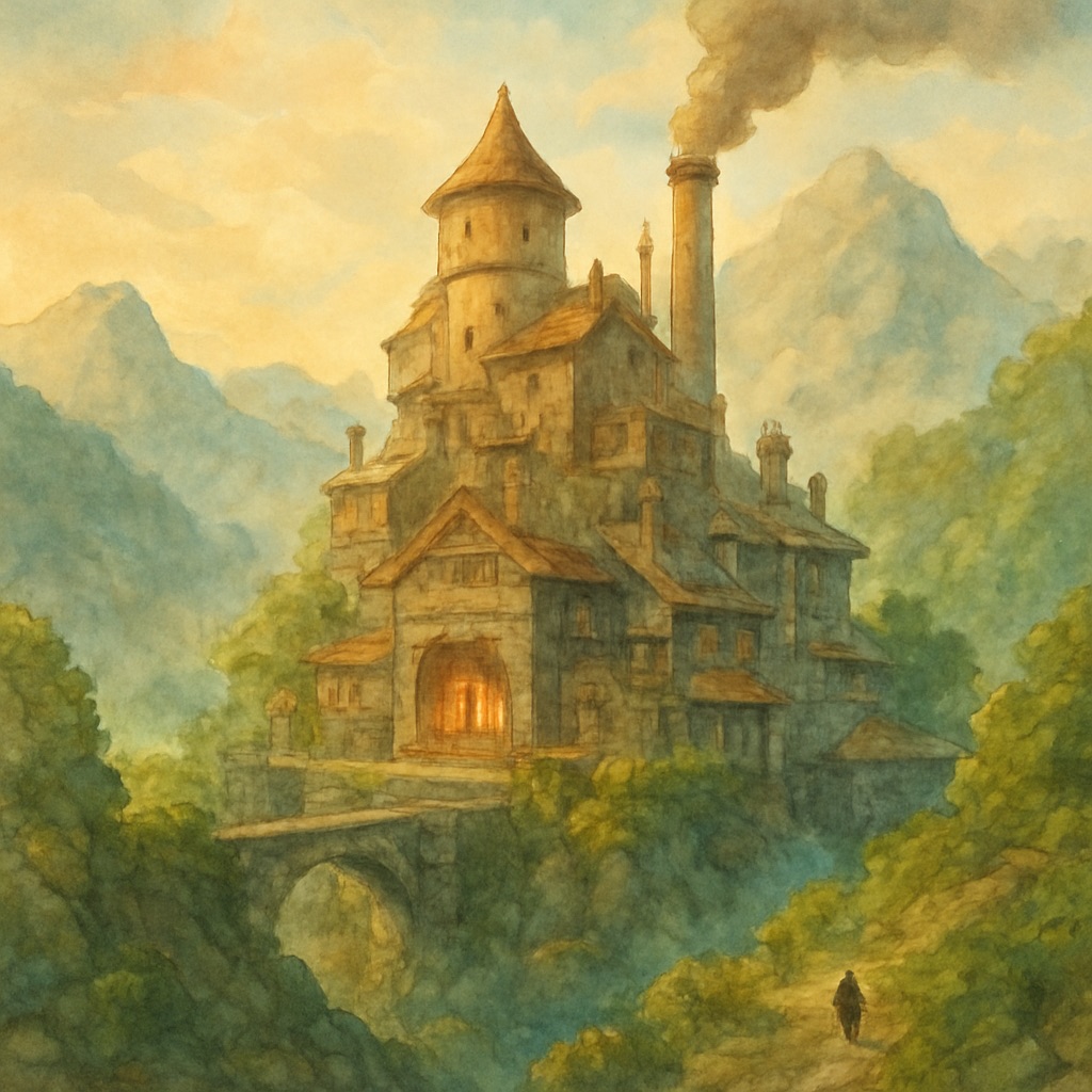 Steampunk Ghibli AI Art Generator – Industrial Fantasy Aesthetic example — Mountain fortress foundry