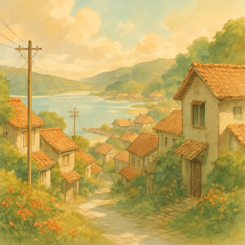 Watercolor Anime AI Generator – Soft Painted Aesthetic example — Coastal village morning