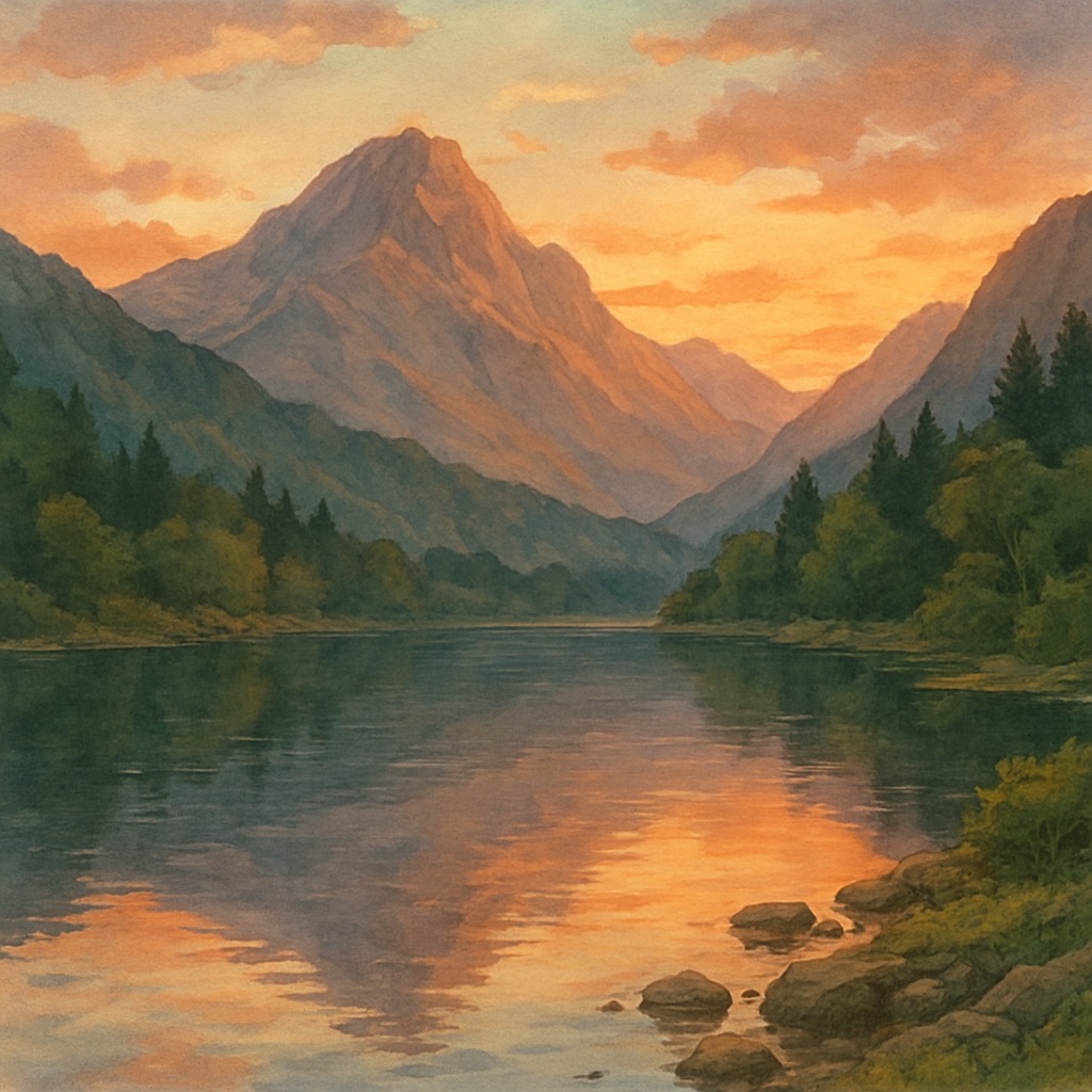 Watercolor Anime AI Generator – Soft Painted Aesthetic example — Mountain lake at dusk