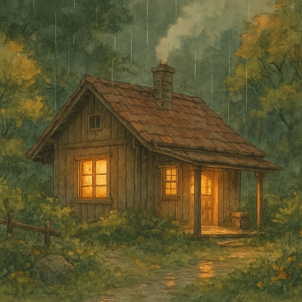 Watercolor Anime AI Generator – Soft Painted Aesthetic example — Cozy cabin in rain