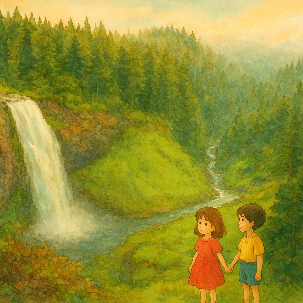 Forest waterfall reimagined as hand-painted Studio Ghibli anime art